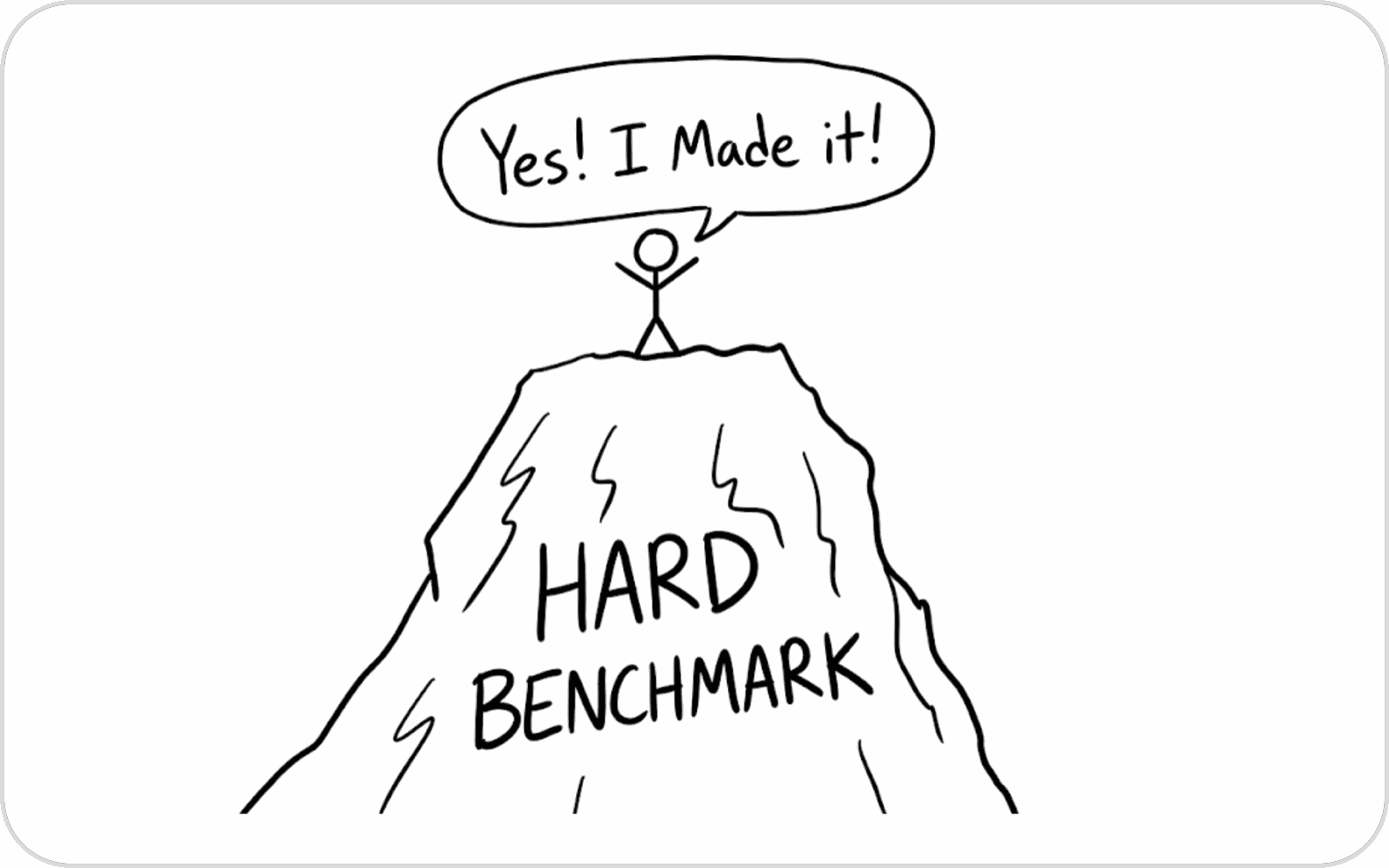 A stick figure on the summit of a mountain labelled "Hard benchmark", shouting "Yes! I made it!"
