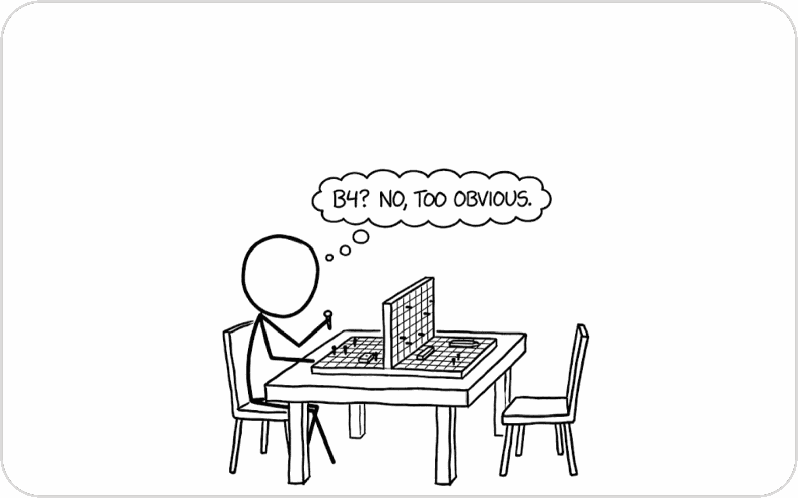 A stick figure playing Battleship against an empty chair, thinking "B4? No, too obvious."