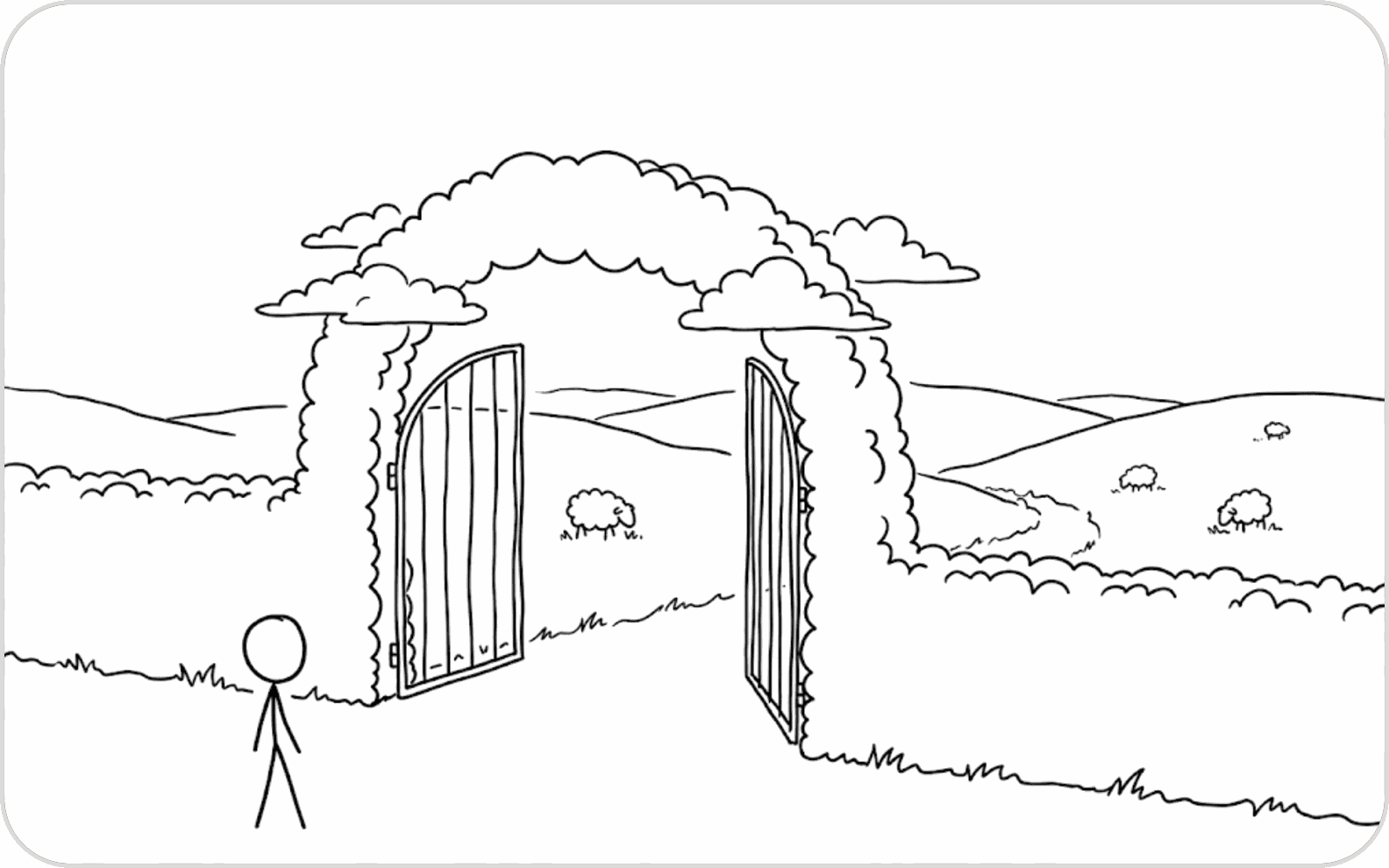 A stick figure in front of an open gate in a hedge, with open hills and scattered sheep beyond it